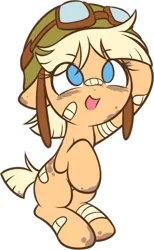 Size: 582x942 | Tagged: safe, artist:pestil, banned from derpibooru, oc:oasis (shino), earth pony, pony, bandage, bandaid, cute, eye clipping through hair, female, filly, goggles, helmet, looking up, open mouth, smiling