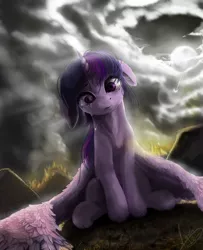 Size: 1024x1262 | Tagged: semi-grimdark, artist:thatdreamerarts, twilight sparkle, twilight sparkle (alicorn), alicorn, pony, chest fluff, crying, despair, female, fire, floppy ears, full face view, house, house fire, lens flare, looking down, mare, messy mane, on fire, outdoors, overcast, sad, shocked, sitting, smoke, solo, spread wings, teary eyes, thousand yard stare, wings, wings down
