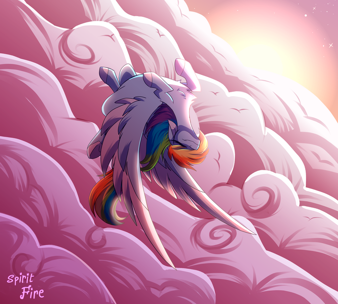 Size: 5000x4500 | Tagged: safe, artist:spirit-fire360, rainbow dash, pegasus, pony, cloud, cloudy, dutch angle, eyes closed, female, flying, mare, sky, solo, sun, upside down