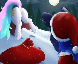 Size: 2200x1800 | Tagged: safe, artist:aquaticvibes, princess celestia, princess luna, alicorn, pony, butt, chimney, christmas, christmas is cancelled, christmas outfit, dock, duo, duo female, facehoof, featureless crotch, female, frog (hoof), hat, holiday, mare, moon, plot, royal sisters, sack, santa hat, siblings, sisters, snow, stuck, sunbutt, underhoof