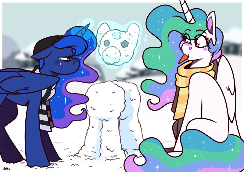 Size: 3508x2480 | Tagged: safe, artist:lrusu, princess celestia, princess luna, alicorn, pony, carrot, clothes, cute, female, food, grumpy, high res, looking at each other, magic, mare, scarf, snow, snowman, winter