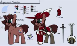 Size: 4096x2483 | Tagged: safe, artist:aripegio del mandolino, oc, oc:aripegio del mandolino, unofficial characters only, pony, unicorn, bard, clothes, fantasy class, feathered hat, female, glasses, hat, horn, mandolin, mare, markings, musical instrument, reference sheet, simple background, sword, weapon