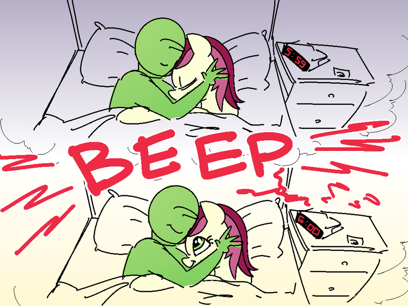 Size: 1000x750 | Tagged: safe, artist:nobody, edit, roseluck, oc, oc:anon, earth pony, human, pony, series:anon's alarm clock, alarm clock, bed, clock, cuddling, female, good end, human on pony snuggling, laying on bed, mare, on bed, sleeping, smiling, snuggling