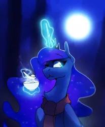 Size: 1108x1341 | Tagged: safe, artist:anticular, princess luna, alicorn, pony, clothes, cup, eating, female, glowing horn, horn, magic, mare, moon, night, one eye closed, scarf, smiling, solo, spoon, telekinesis