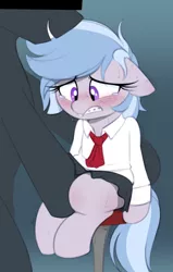 Size: 578x906 | Tagged: suggestive, artist:shinodage, oc, oc:winter azure, unofficial characters only, earth pony, pony, bad touch, barstool, blushing, braces, clothes, colt, faceless male, femboy, foalcon, freckles, girly, grope, image, male, males only, necktie, nonconsensual, offscreen character, personal space invasion, png, school uniform, shirt, skirt, teary eyes, trap, underage