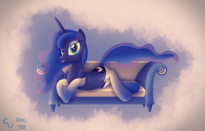 Size: 4494x2863 | Tagged: safe, artist:cosmikvek, derpibooru import, princess luna, alicorn, pony, belly button, clothes, couch, female, image, looking at you, luna day, mare, png, simple background, socks, solo, thigh highs