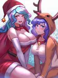 Size: 1024x1366 | Tagged: animal costume, artist:tzc, bell, bell collar, blushing, blushing profusely, breasts, busty princess celestia, busty princess luna, christmas, cleavage, clothes, collar, costume, female, gloves, hat, holiday, human, humanized, long gloves, one eye closed, open mouth, princess celestia, princess luna, reindeer costume, royal sisters, safe, santa costume, santa hat, sexy, sexy santa costume, siblings, sisters, :t, tsundere, tsunderuna, wink
