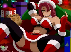 Size: 3000x2200 | Tagged: suggestive, artist:ponyecho, oc, oc:nell clearfield, anthro, earth pony, abs, beckoning, breasts, christmas, christmas lights, christmas tree, cleavage, clothes, female, futa, gloves, holiday, intersex, looking at you, muscles, muscular female, offscreen character, panties, pov, present, sack, scar, sexy, short skirt, skirt, socks, thigh highs, tree, underwear