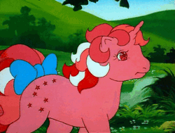 Size: 428x324 | Tagged: safe, screencap, galaxy (g1), pony, unicorn, my little pony 'n friends, through the door, :|, animated, female, g1, looking back, solo, walking