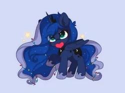 Size: 3000x2244 | Tagged: safe, artist:yourmeow, princess luna, alicorn, pony, :3, christmas, christmas lights, cute, ear fluff, female, filly, heart, holiday, lunabetes, mouth hold, solo, stars, woona, younger