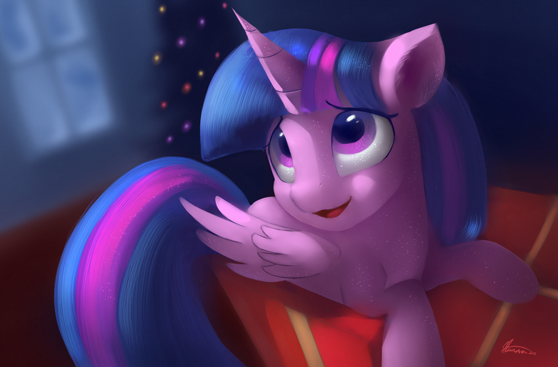 Size: 4535x2979 | Tagged: safe, artist:auroriia, derpibooru import, twilight sparkle, twilight sparkle (alicorn), alicorn, pony, blurred background, christmas, christmas tree, cute, high res, holiday, image, indoors, looking up, png, present, solo, tree