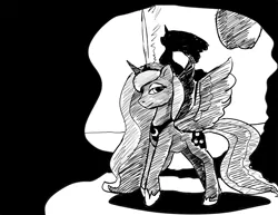 Size: 1280x989 | Tagged: safe, artist:warskunk, princess luna, alicorn, pony, black and white, female, grayscale, looking at you, monochrome, shadow, sketch, solo, spread wings, wings, wrong cutie mark