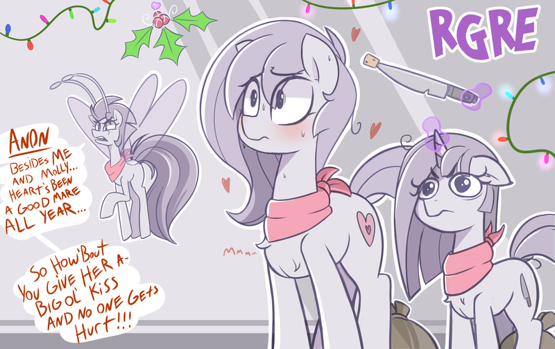 Size: 2335x1470 | Tagged: safe, artist:nignogs, derpibooru import, oc, oc:heartthrob, oc:maggie, oc:molly cutter, unofficial characters only, breezie, earth pony, pony, /mlp/, 4chan, bandit, blushing, christmas, christmas lights, cork, female, filly, heart, holiday, holly, holly mistaken for mistletoe, image, implied anon, knife, magic, mare, neckerchief, offscreen character, png, reversed gender roles equestria, reversed gender roles equestria general, speech bubble, telekinesis, threat