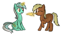 Size: 3009x1671 | Tagged: safe, artist:anonymous, lyra heartstrings, ponified, ponified:verity, earth pony, pony, unicorn, /mlp/, 4chan, boop, female, filly, hand, magic, magic hands, one eye closed, raised hoof, scrunchy face, simple background, sitting, smiling, transparent background, verity