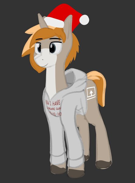 Size: 2000x2700 | Tagged: safe, artist:expression2, oc, oc:itu, unofficial characters only, pony, unicorn, christmas, clothes, die hard, gray background, hat, holiday, hoodie, horn, male, santa hat, simple background, solo, stallion