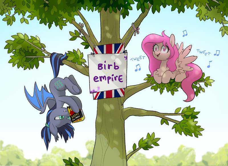 Size: 1500x1093 | Tagged: safe, artist:dawnfire, oc, oc:midnight aegis, oc:peach hack, unofficial characters only, bat pony, pegasus, pony, bat wings, behaving like a bird, book, chest fluff, chirping, eeee, female, hanging, hanging upside down, male, mare, open mouth, reading, sign, sitting in a tree, spread wings, stallion, union jack, upside down, wide eyes, wings