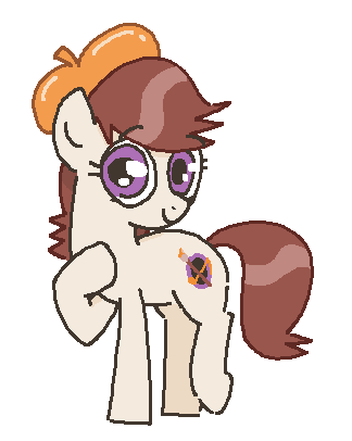 Size: 324x406 | Tagged: safe, artist:anonymous, oc, oc:ausdruck, unofficial characters only, earth pony, pony, /mlp/, 4chan, beret, female, hat, looking at you, mare, raised hoof, simple background, smiling, solo, t:em/p/o, white background