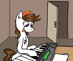 Size: 846x712 | Tagged: artist needed, safe, oc, oc:ausdruck, unofficial characters only, earth pony, pony, /mlp/, 4chan, beret, chest fluff, ear fluff, female, hat, keyboard (instrument), mare, musical instrument, open door, playing instrument, sitting, solo, t:em/p/o, tongue out