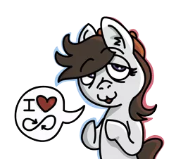 Size: 1198x1082 | Tagged: artist needed, safe, oc, oc:ausdruck, unofficial characters only, earth pony, pony, /mlp/, 4chan, :3, beret, dialogue, ear fluff, female, hat, heart, implied bipedal, lidded eyes, looking at you, mare, simple background, solo, speech bubble, t:em/p/o, transparent background