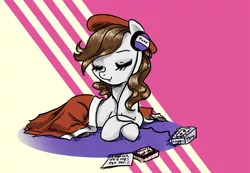 Size: 1449x1000 | Tagged: artist needed, source needed, safe, oc, oc:ausdruck, unofficial characters only, earth pony, pony, /mlp/, 4chan, abstract background, blanket, cassette player, cassette tape, eyes closed, female, forelegs crossed, headphones, mare, mixtape, solo, t:em/p/o