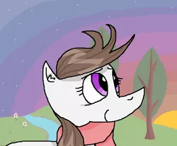 Size: 603x497 | Tagged: artist needed, source needed, safe, oc, oc:ausdruck, unofficial characters only, earth pony, pony, /mlp/, 4chan, clothes, ear fluff, female, grass, grass field, mare, river, scarf, smiling, solo, stream, sun, t:em/p/o, tree