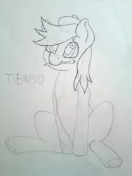 Size: 2448x3264 | Tagged: safe, artist:anonymous, oc, oc:ausdruck, unofficial characters only, earth pony, pony, /mlp/, 4chan, beret, black and white, female, frog (hoof), grayscale, hat, mare, monochrome, mouth hold, paintbrush, pencil drawing, simple background, sitting, sketch, smiling, t:em/p/o, traditional art, underhoof, white background