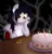 Size: 2040x2117 | Tagged: abstract background, artist:apple joy, cake, candle, ear piercing, food, male, oc, oc:locus, paws, piercing, sadness, safe, sphinx, unofficial characters only