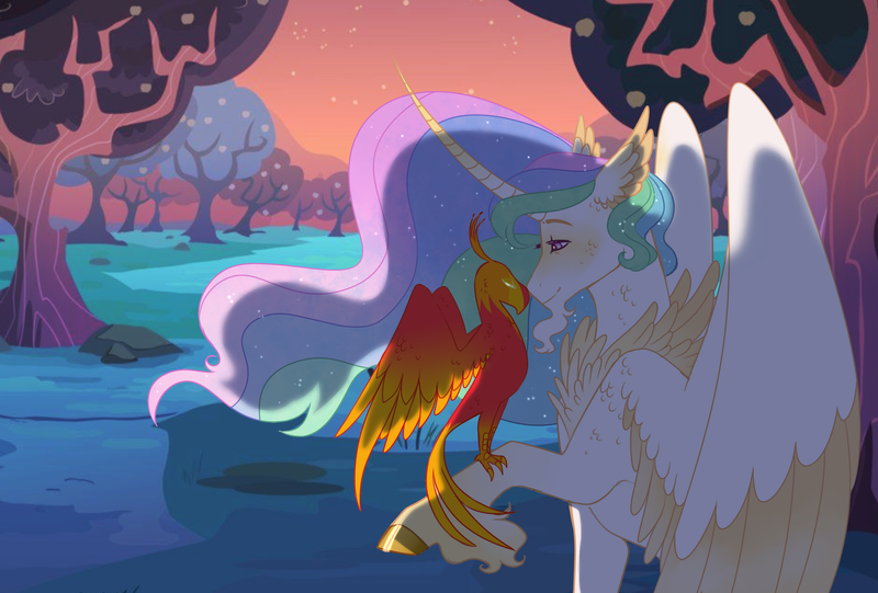 Size: 2389x1617 | Tagged: safe, artist:iouise, philomena, princess celestia, alicorn, phoenix, pony, apple, apple tree, chest feathers, cloven hooves, colored wings, colored wingtips, duo, facial hair, female, food, goatee, hoof fluff, long feather, mare, tree, wings