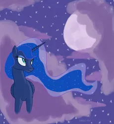 Size: 1197x1299 | Tagged: safe, artist:0nonim, artist:ononim, princess luna, alicorn, pony, cloud, digital art, ethereal mane, eyelashes, eyeshadow, female, highlights, lidded eyes, makeup, mare, moon, night, on a cloud, painting, sky, smiling, solo, standing on a cloud, starry mane, stars