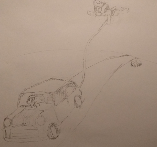 Size: 1558x1454 | Tagged: safe, artist:anonymous, scootaloo, human, pegasus, pony, /mlp/, 4chan, car, driving, female, flying, mr bean, road, scootaloo can fly, traditional art