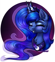Size: 1849x2074 | Tagged: safe, artist:kruszyna25, princess luna, alicorn, pony, abstract background, bust, cheek fluff, chest fluff, circle background, crown, cute, ear fluff, eyes closed, female, happy, jewelry, lunabetes, mare, portrait, regalia, smiling, solo