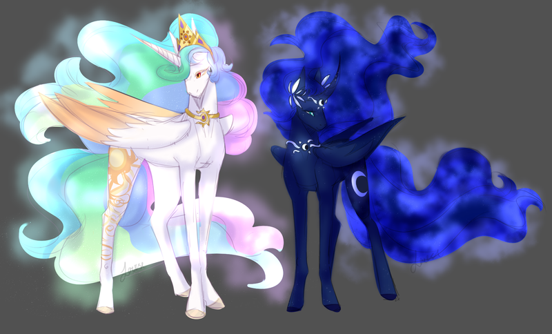 Size: 1789x1082 | Tagged: safe, artist:iouise, princess celestia, princess luna, alicorn, pony, duo, female, gray background, mare, royal sisters, siblings, simple background, sisters