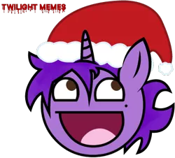 Size: 422x381 | Tagged: safe, artist:twilight_memes, oc, oc:jão, unicorn, awesome face, barely pony related, christmas, hat, holiday, horn, logo, meme, santa hat, simple background, solo, unicorn oc