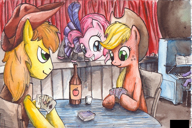 Size: 1337x894 | Tagged: safe, artist:smellslikebeer, derpibooru import, applejack, braeburn, pinkie pie, spike, dragon, earth pony, pony, card, clothes, dress, hoof hold, ink, playing card, saloon dress, saloon pinkie, traditional art