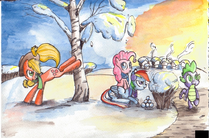 Size: 1346x891 | Tagged: safe, artist:smellslikebeer, derpibooru import, applejack, pinkie pie, rainbow dash, spike, dragon, earth pony, pegasus, pony, ambush, prank, snow, traditional art, winter