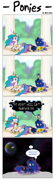 Size: 579x1908 | Tagged: safe, artist:botchan-mlp, derpibooru import, bon bon, princess celestia, princess luna, sweetie drops, alicorn, earth pony, pony, banishment, comic, imitation, mare of a thousand voices, mischievous, moon, prank, reading, spit take, to the moon, voice, voice actor