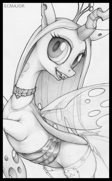 Size: 389x628 | Tagged: safe, artist:ecmajor, derpibooru import, queen chrysalis, changeling, changeling queen, clothes, cropped, fangs, female, flying, image, jpeg, looking at you, open mouth, pencil drawing, signature, smiling, solo, traditional art, transparent flesh