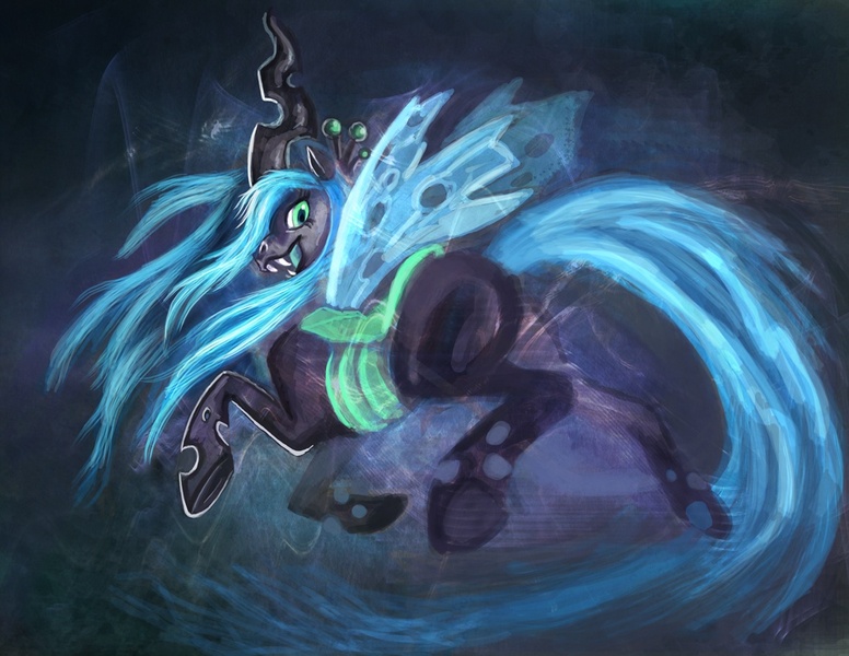 Size: 1100x850 | Tagged: safe, artist:droemar, derpibooru import, queen chrysalis, changeling, changeling queen, fangs, female, image, jpeg, looking back, open mouth, solo