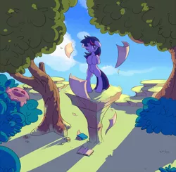 Size: 1567x1536 | Tagged: safe, artist:haute-claire, derpibooru import, twilight sparkle, pony, unicorn, bipedal, book, forest, horn, paper, slime, solo, tree, wind