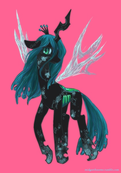 Size: 1280x1823 | Tagged: safe, artist:arl, artist:midgarthsormr, derpibooru import, queen chrysalis, changeling, changeling queen, alternate design, female, floppy ears, image, jpeg, looking away, pink background, sad, scales, simple background, solo, tumblr link