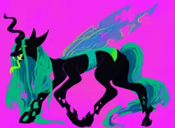 Size: 729x536 | Tagged: safe, artist:terribleclaw, derpibooru import, queen chrysalis, changeling, changeling queen, fangs, female, floppy ears, floppy horn, forked tongue, horn, image, open mouth, pink background, png, simple background, sneaking, solo, tongue out