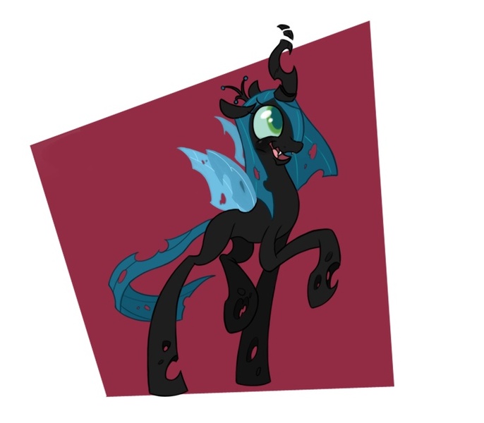 Size: 739x646 | Tagged: dead source, safe, artist:nikkuwalkanov, derpibooru import, queen chrysalis, changeling, changeling queen, abstract background, fangs, female, floppy ears, hair over one eye, image, jpeg, looking up, open mouth, raised hoof, solo, standing