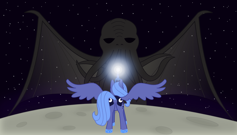 Size: 1400x800 | Tagged: safe, artist:adcoon, derpibooru import, princess luna, alicorn, deity, pony, blue mane, blue tail, body horror, cthulhu, cthulhu mythos, eldritch abomination, epic battle, female, image, lovecraftian deity, magic, male, mare, png, s1 luna, spread wings, stars, tomboy, transcendent alicorn, wings