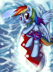 Size: 1024x1368 | Tagged: safe, artist:cat-cly, derpibooru import, rainbow dash, pony, bipedal, clothes, female, mare, solo, surfboard, surfing, swimming trunks, swimsuit, topless