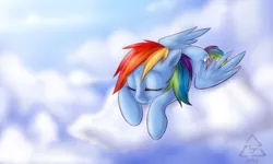 Size: 2000x1200 | Tagged: safe, artist:cat-cly, derpibooru import, rainbow dash, pony, cloud, cloudy, female, mare, sleeping