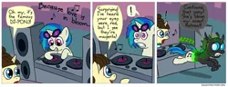 Size: 850x326 | Tagged: safe, artist:fadri, derpibooru import, fine line, maxie, vinyl scratch, oc, oc:wubsy, changeling, pony, comic:and that's how equestria was made, comic, female, mare