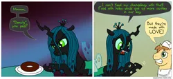 Size: 850x390 | Tagged: safe, artist:fadri, derpibooru import, donut joe, queen chrysalis, changeling, changeling queen, comic:and that's how equestria was made, 2 panel comic, angry, comic, dialogue, donut, fangs, female, floppy ears, food, frown, image, jpeg, nervous, open mouth, speech bubble