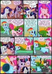 Size: 850x1205 | Tagged: safe, artist:fadri, derpibooru import, pinkie pie, rainbow dash, rarity, spike, twilight sparkle, dragon, earth pony, pegasus, pony, unicorn, comic:and that's how equestria was made, backfire, comic, eyes closed, female, laughing, magic fail, male, mare, party cannon, sitting, the flank anomaly, wide eyes