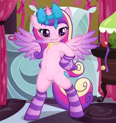 Size: 3000x3179 | Tagged: dead source, suggestive, artist:illuminatiums, derpibooru import, princess cadance, pony, semi-anthro, arm hooves, ballgag, bed, belly button, bipedal, bow, chest fluff, clothes, feather, female, gag, high res, mouth hold, pillow, socks, solo, solo female, striped socks