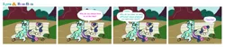 Size: 1677x357 | Tagged: safe, artist:botchan-mlp, derpibooru import, bon bon, lyra heartstrings, sweetie drops, earth pony, pony, unicorn, bench, comic, duo, mare of a thousand voices, sitting, sitting lyra, touché, voice